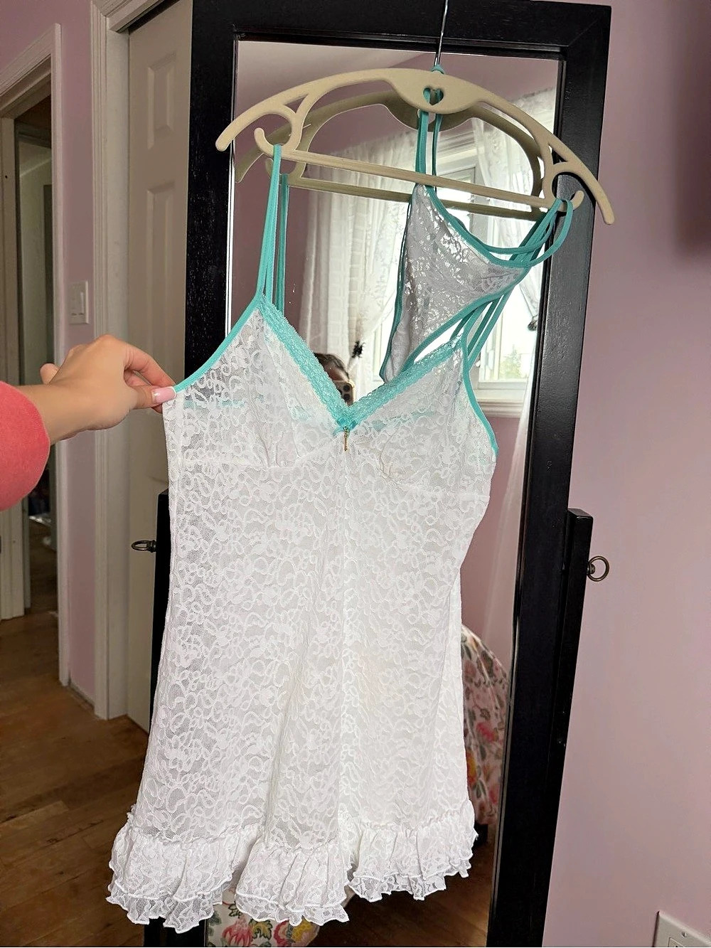 Victoria's Secret Lace Chemise slip sleep dressin White & Turquoise xl